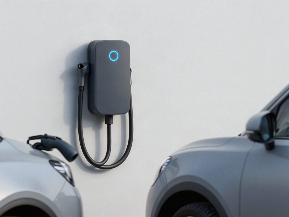 Illustration of a Level 2 EV charger on a garage wall (not a specific brand or model)