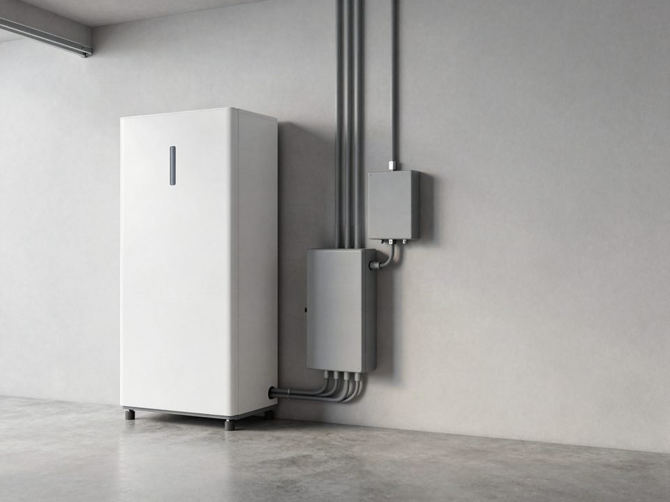 Illustration of a home battery storage system in a garage (not a specific brand or model)