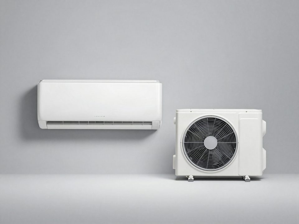 Illustration of a ductless mini-split indoor head and outdoor unit (not a specific brand or model)