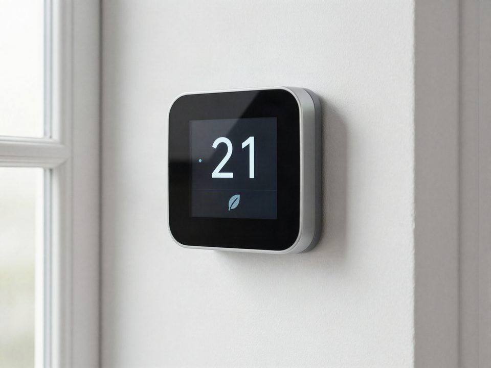Illustration of a smart thermostat on a wall (not a specific brand or model)
