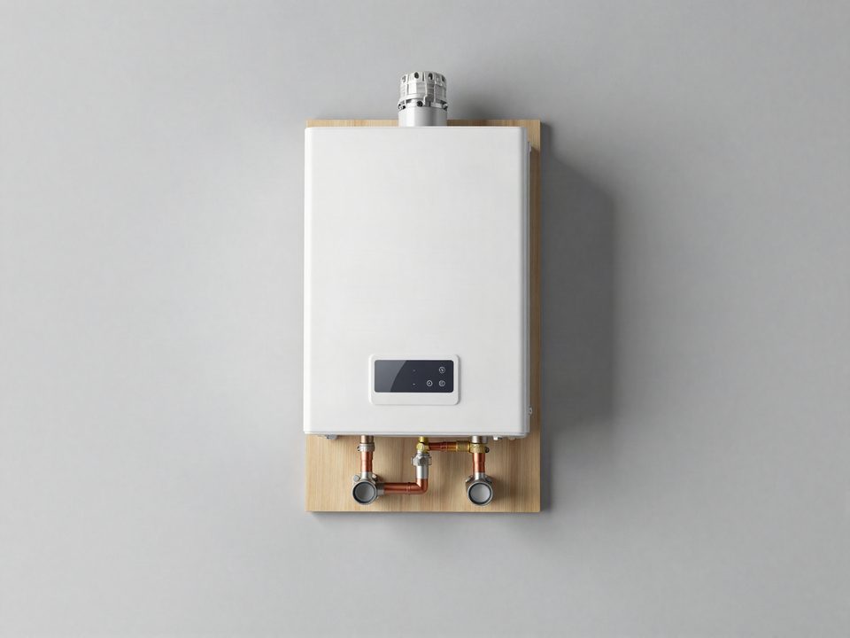 Illustration of a wall-mounted tankless water heater (not a specific brand or model)